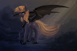 Size: 3000x1999 | Tagged: safe, artist:fly-gray, derpy hooves, alicorn, bat pony, bat pony alicorn, pony, alicornified, alternate cutie mark, bat wings, crepuscular rays, epic derpy, nightmare derpy, race swap, solo, spread wings, windswept mane