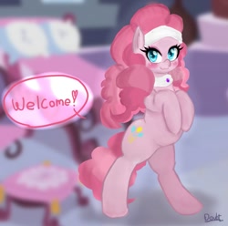 Size: 945x938 | Tagged: safe, artist:doubt, pinkie pie, earth pony, pony, collar, headband, plump, solo, spa, spa pony