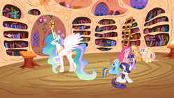 Size: 1366x768 | Tagged: safe, screencap, applejack, fluttershy, pinkie pie, princess celestia, rainbow dash, rarity, twilight sparkle, unicorn twilight, alicorn, earth pony, pegasus, pony, unicorn, lesson zero, book, bookshelf, ethereal mane, female, golden oaks library, ladder, library, mane six, mare, sitting, spread wings, wings