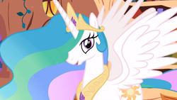 Size: 1366x768 | Tagged: safe, screencap, princess celestia, alicorn, pony, lesson zero, ethereal mane, female, mare, solo, spread wings, wings