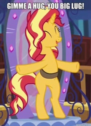 Size: 600x826 | Tagged: safe, edit, edited screencap, screencap, sunset shimmer, better together, equestria girls, forgotten friendship, image macro, incoming hug, meme, standing