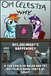 Size: 578x856 | Tagged: safe, derpibooru import, rainbow dash, twilight sparkle, pegasus, pony, bill lumbergh, computer, computer meme, derpibooru, exploitable meme, meme, meta, obligatory pony, office space, op is a cuck