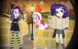 Size: 7080x4489 | Tagged: safe, artist:invisibleink, pinkie pie, rarity, starlight glimmer, equestria girls, absurd resolution, animal costume, autumn, barn, chicken pie, chicken suit, clothes, costume, farm, fence, food, halloween, halloween 2018, hat, hay, hermione granger, holiday, hollow shades, ice cream, lamp, map, moon, tree, witch, witch hat