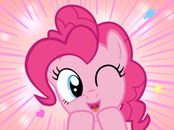 Size: 1600x1200 | Tagged: safe, artist:s.guri, pinkie pie, earth pony, pony, americano exodus, cute, diapinkes, happy, heart, looking at you, open mouth, parody, smiling, solo, stars, uvula, vector, wink