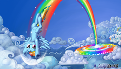 Size: 4370x2480 | Tagged: safe, artist:h-stallionwolf, derpibooru import, rainbow dash, pegasus, pony, cloud, cloudy, rainbow, solo, sonic rainboom, underhoof