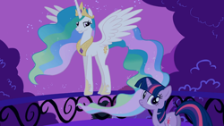 Size: 1366x768 | Tagged: safe, screencap, princess celestia, twilight sparkle, unicorn twilight, alicorn, pony, unicorn, lesson zero, duo, ethereal mane, female, mare, railing, spread wings, wings