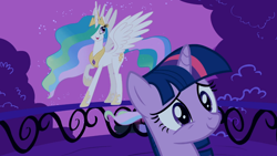 Size: 1366x768 | Tagged: safe, screencap, princess celestia, twilight sparkle, alicorn, pony, lesson zero, duo, ethereal mane, female, mare, railing, raised hoof, spread wings, wings