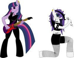 Size: 1468x1149 | Tagged: safe, artist:raven-kipper, derpibooru import, rarity, twilight sparkle, anthro, fishnet stockings, guitar, metal, microphone, piercing, spiked wristband