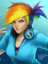 Size: 813x1089 | Tagged: safe, artist:elekitelik, derpibooru import, rainbow dash, human, bust, headphones, humanized, piercing, portrait, solo