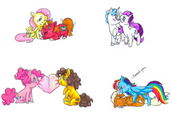 Size: 2123x1422 | Tagged: safe, artist:ask-y, derpibooru import, big macintosh, cheese sandwich, fancypants, fluttershy, pinkie pie, quibble pants, rainbow dash, rarity, earth pony, pegasus, pony, unicorn, behaving like a dog, blush sticker, blushing, bubblegum, cheesepie, female, fluttermac, food, gum, heart, kiss on the cheek, kissing, male, petting, quibbledash, raripants, shipping, simple background, straight, tail wag, tongue out, traditional art, white background