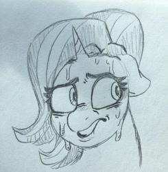 Size: 1256x1280 | Tagged: safe, artist:smogslog, starlight glimmer, pony, unicorn, lip bite, monochrome, nervous, solo, sweat, traditional art