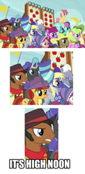 Size: 1000x2048 | Tagged: safe, screencap, berry punch, berryshine, beuford, bon bon, bonnie rose, dark moon, derpy hooves, dizzy twister, graphite, jade spade, lyra heartstrings, mccree, orange swirl, royal riff, sweetie drops, earth pony, pegasus, pony, unicorn, buckball season, background pony, background pony audience, cowboy hat, crossover, female, frown, glare, gritted teeth, hat, head tilt, it's high noon, jesse mccree, male, mare, overwatch, sad, smiling, stallion, stetson, underp, unnamed pony
