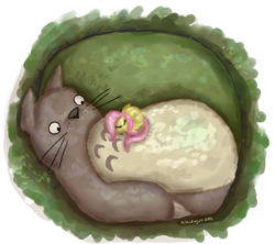 Size: 1580x1402 | Tagged: safe, artist:bibliodragon, fluttershy, pegasus, pony, crossover, sleeping, totoro