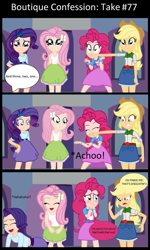 Size: 451x750 | Tagged: safe, artist:garretthegarret, applejack, fluttershy, pinkie pie, rarity, equestria girls, animated actors, blooper, comic, human coloration, humor, outtakes, sneeze into hand, sneezing, snot