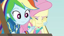 Size: 1920x1080 | Tagged: safe, derpibooru import, screencap, fluttershy, rainbow dash, better together, equestria girls, rollercoaster of friendship, covering eyes, geode of fauna, geode of super speed, magical geodes, scared, shipping fuel, smiling