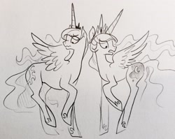 Size: 2878x2292 | Tagged: safe, artist:glacierclear, princess celestia, princess luna, alicorn, pony, cutie mark, hilarious in hindsight, monochrome, sketch, swapped cutie marks, traditional art