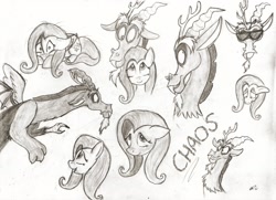 Size: 1653x1200 | Tagged: safe, artist:wahyawolf, discord, fluttershy, pegasus, pony, monochrome, sketch dump, traditional art