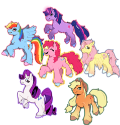 Size: 2040x2133 | Tagged: safe, artist:kittycoot, derpibooru import, applejack, fluttershy, pinkie pie, rainbow dash, rarity, twilight sparkle, unicorn twilight, earth pony, pegasus, pony, unicorn, colored hooves, cowboy hat, cutie mark, female, hat, mane six, mare, simple background, smiling, unshorn fetlocks, white background