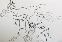 Size: 2805x1898 | Tagged: safe, artist:glacierclear, princess celestia, princess luna, alicorn, pony, buff, lifting, monochrome, open mouth, sketch, vulgar, wat, yelling