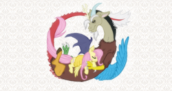 Size: 1024x543 | Tagged: safe, artist:einstenio, discord, fluttershy, pegasus, pony, discoshy, female, male, shipping, sleeping, straight