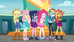 Size: 1920x1080 | Tagged: safe, derpibooru import, screencap, applejack, fluttershy, pinkie pie, rainbow dash, sci-twi, sunset shimmer, twilight sparkle, equestria girls, equestria girls series, rollercoaster of friendship, clothes, converse, geode of empathy, geode of fauna, geode of sugar bombs, geode of super speed, geode of super strength, geode of telekinesis, humane five, humane six, magical geodes, sandals, shoes, sneakers