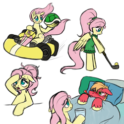 Size: 1200x1200 | Tagged: safe, artist:marindashy, big macintosh, fluttershy, pegasus, pony, alternate hairstyle, bipedal, blushing, clothes, dress, female, fluttermac, golf, koopa shell, male, mario kart, shipping, sick, straight, super mario bros., sweat, thermometer