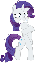 Size: 780x1387 | Tagged: safe, artist:sketchmcreations, rarity, pony, unicorn, make new friends but keep discord, assisted exposure, blushing, clothing theft, covering, covering crotch, embarrassed, inkscape, naked rarity, simple background, solo, transparent background, vector, we don't normally wear clothes