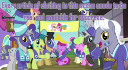 Size: 1428x784 | Tagged: safe, edit, edited screencap, screencap, berry punch, berryshine, bon bon, cherry cola, cherry fizzy, dark moon, derpy hooves, graphite, star bright, sweetie drops, pegasus, pony, buckball season, banner, caption, clothes, female, hat, image macro, jersey, mare, meme, scarf, train station