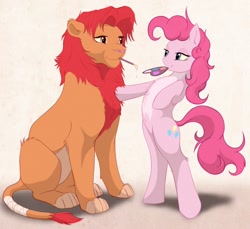 Size: 950x871 | Tagged: safe, artist:z-lion, pinkie pie, oc, oc:leon, big cat, earth pony, lion, pony, bedroom eyes, belly button, bipedal, bodypaint, canon x oc, chest fluff, cute, diapinkes, featured on derpibooru, fluffy, grin, mouth hold, non-mlp oc, paint, paintbrush, painting, pale belly, palette, shipping, smiling