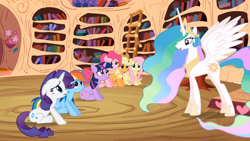 Size: 1366x768 | Tagged: safe, screencap, applejack, fluttershy, pinkie pie, princess celestia, rainbow dash, rarity, twilight sparkle, unicorn twilight, alicorn, earth pony, pegasus, pony, unicorn, lesson zero, book, bookshelf, ethereal mane, female, golden oaks library, ladder, library, mane six, mare, spread wings, wings