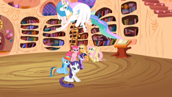 Size: 1366x768 | Tagged: safe, screencap, applejack, fluttershy, pinkie pie, princess celestia, rainbow dash, rarity, twilight sparkle, unicorn twilight, alicorn, earth pony, pegasus, pony, unicorn, lesson zero, book, bookshelf, ethereal mane, female, golden oaks library, ladder, leaping, library, mane six, mare, spread wings, wings