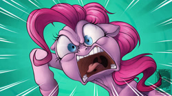 Size: 1200x674 | Tagged: safe, artist:japandragon, pinkie pie, earth pony, pony, pinkie pride, angry, faic, female, floppy ears, mare, open mouth, rage, redraw, scene interpretation, screenshot redraw, solo, tongue out, uvula