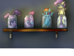 Size: 1024x768 | Tagged: dead source, safe, artist:rflzqt, derpibooru import, fluttershy, pinkie pie, rainbow dash, twilight sparkle, earth pony, pegasus, pony, jar, pony in a bottle