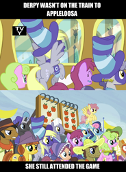 Size: 1276x1734 | Tagged: safe, screencap, berry punch, berryshine, bon bon, bonnie rose, daisy, dark moon, derpy hooves, dizzy twister, flower wishes, graphite, lyra heartstrings, orange swirl, royal riff, star bright, sweetie drops, pegasus, pony, buckball season, discovery family logo, female, mare, may fair, tv-y