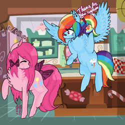 Size: 2048x2048 | Tagged: safe, artist:pinkabutt, derpibooru import, pinkie pie, rainbow dash, earth pony, pegasus, pony, backwards cutie mark, bandage, bow, cupcake, female, lesbian, pinkiedash, rainbow cupcake, shipping, smiling