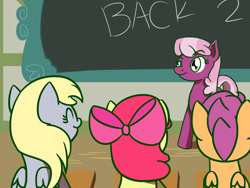 Size: 1280x960 | Tagged: safe, artist:flutterluv, apple bloom, cheerilee, derpy hooves, scootaloo, pegasus, pony, confused, female, mare, newbie artist training grounds, ponyville schoolhouse, raised eyebrow, school