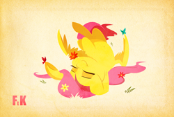 Size: 2619x1773 | Tagged: safe, artist:fluttershythekind, fluttershy, butterfly, pegasus, pony, belly button, cute, eyes closed, female, flower, horses doing horse things, mare, on back, rolling, shyabetes, smiling, solo, underhoof, wings