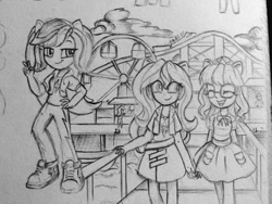 Size: 960x720 | Tagged: safe, artist:chautung, derpibooru import, rainbow dash, sci-twi, sunset shimmer, twilight sparkle, equestria girls, amusement park, converse, cute, dashabetes, eyes closed, female, lesbian, pencil drawing, ponied up, scitwishimmer, shimmerbetes, shipping, shoes, smiling, sunsetsparkle, traditional art, twiabetes