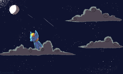 Size: 976x592 | Tagged: safe, artist:comickit, derpibooru import, rainbow dash, pegasus, pony, cloud, cloudy, moon, night, solo