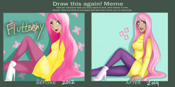 Size: 1487x741 | Tagged: safe, artist:emberfan11, fluttershy, human, comparison, draw this again, humanized