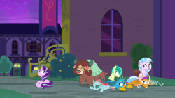 Size: 1920x1080 | Tagged: safe, screencap, gallus, ocellus, sandbar, silverstream, smolder, starlight glimmer, yona, changedling, changeling, classical hippogriff, dragon, earth pony, griffon, hippogriff, pony, yak, school raze, bow, cloven hooves, colored hooves, dragoness, female, hair bow, happy, jewelry, male, monkey swings, necklace, student six, teenager