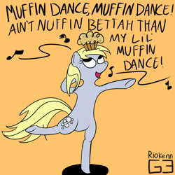 Size: 1000x1000 | Tagged: safe, artist:riokenng3, derpy hooves, pegasus, pony, bipedal, dancing, food, muffin, simple background, singing, solo