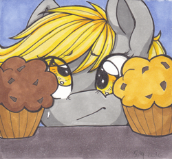 Size: 400x371 | Tagged: safe, artist:nothingspecialx9, derpy hooves, pegasus, pony, atg 2016, choice, food, indecision, muffin, newbie artist training grounds, solo, traditional art