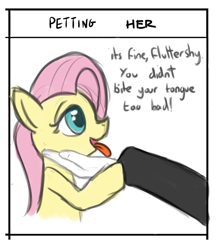 Size: 527x604 | Tagged: artist needed, source needed, safe, fluttershy, oc, oc:anon, pegasus, pony, doing loving things, misleading thumbnail, open mouth, petting, petting her, smiling, tongue out