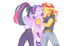 Size: 1187x720 | Tagged: safe, artist:opalmond, sci-twi, starlight glimmer, sunset shimmer, twilight sparkle, human, pony, unicorn, equestria girls, clothes, female, holding a pony, hug, lesbian, polyamory, scitwishimmer, shimmerglimmer, shipping, square crossover, sunsetsparkle, twishimmerglimmer, twistarlight