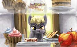 Size: 1200x740 | Tagged: safe, artist:da-exile, derpy hooves, pegasus, pony, apple, cake, candy, cupcake, female, food, looking at you, mare, newbie artist training grounds, solo