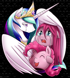 Size: 1783x2000 | Tagged: safe, artist:vavacung, pinkie pie, princess celestia, alicorn, earth pony, pony, crying, duality, hug, mask, pinkamena diane pie, winghug