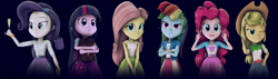 Size: 5748x1635 | Tagged: safe, artist:creatorofpony, artist:flare-chaser, derpibooru import, applejack, fluttershy, pinkie pie, rainbow dash, rarity, twilight sparkle, twilight sparkle (alicorn), alicorn, equestria girls, 3d, book, champagne, elements of harmony, group, mane six, source filmmaker