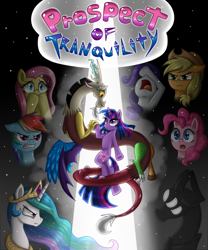 Size: 1000x1200 | Tagged: safe, artist:leffenkitty, applejack, discord, fluttershy, pinkie pie, princess celestia, rainbow dash, rarity, twilight sparkle, oc, oc:kismet, alicorn, earth pony, pegasus, pony, unicorn, comic:prospect of tranquility, alternate universe, comic, discolight, female, male, mane six, shipping, straight