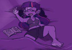 Size: 689x476 | Tagged: safe, artist:mangneto, derpibooru import, twilight sparkle, human, adorkable, armpits, barefoot, bed, braces, cute, dork, drool, feet, glasses, humanized, pony coloring, sleeping, solo